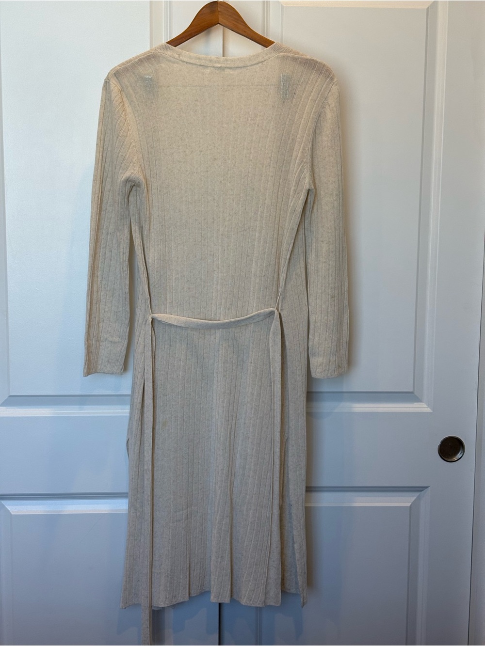 Mod Ref Linen Blend Cream Ribbed Open Front Long Cardigan with Belt - Picture 2 of 4